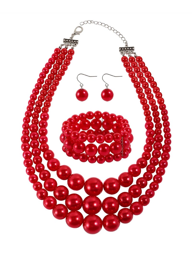 KOSMOS-LI Large Jewelry Sets 3 Layer Simulated Red Pearl Women's Statement 18" Necklace Bracelet and Earrings - Image 1